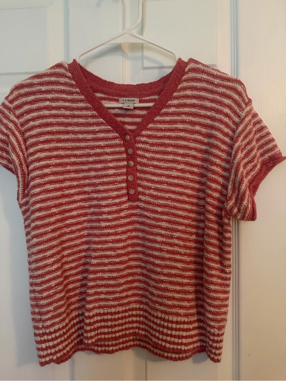 L.L. Bean Red and Cream Striped Short-Sleeve Henley Sweater